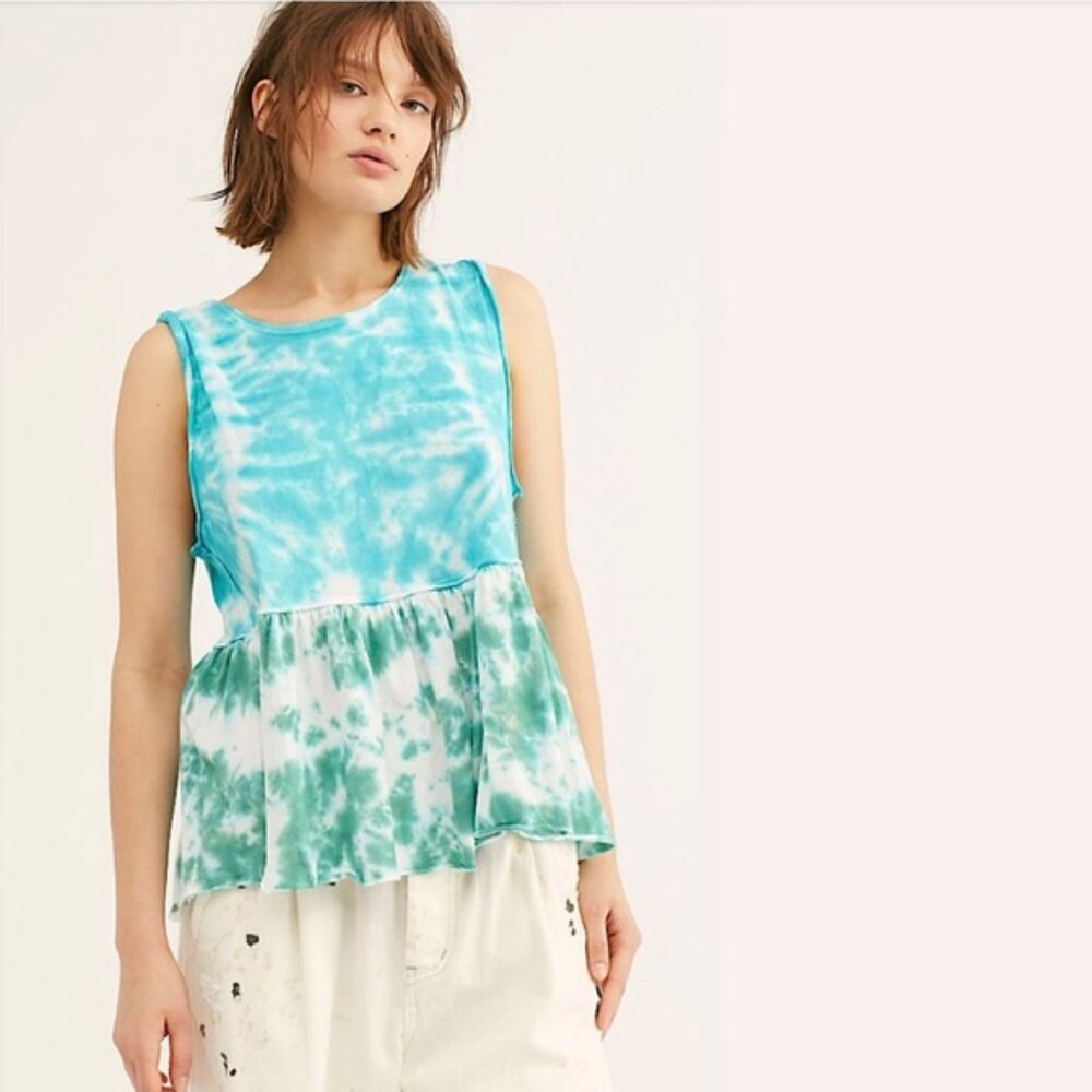 Free People Teal waters blue Tye die Peplum Anytime Tank Top Small